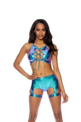 Blue Hologram Garter Shorts Set