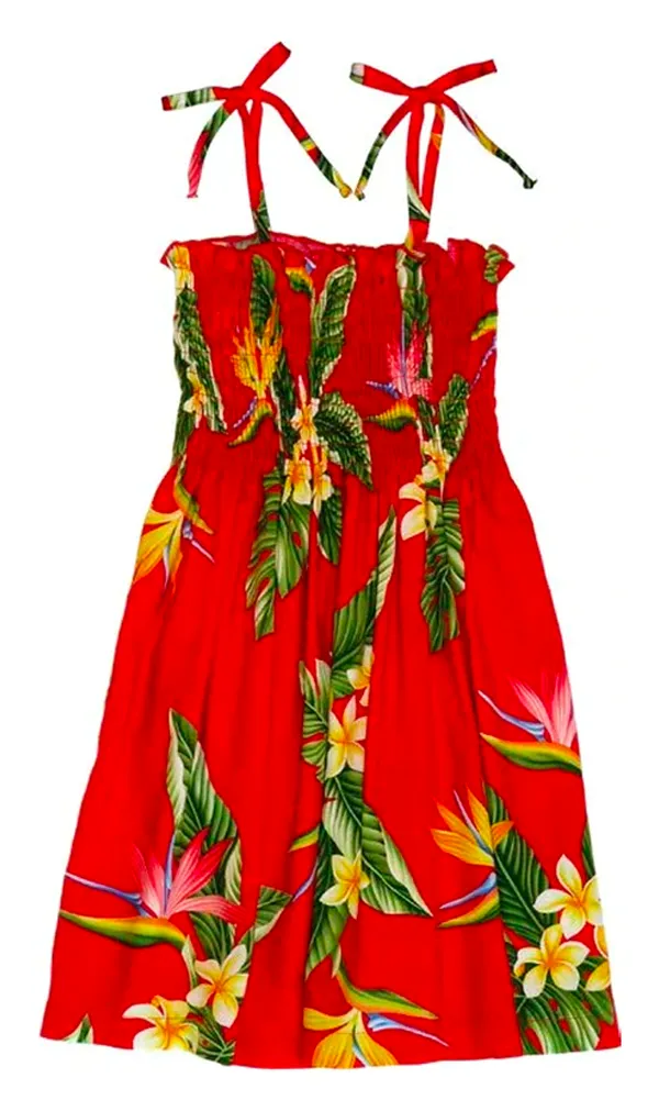 BOP Plumeria Girls Tropical Tie Strap Smocked Dress in Red