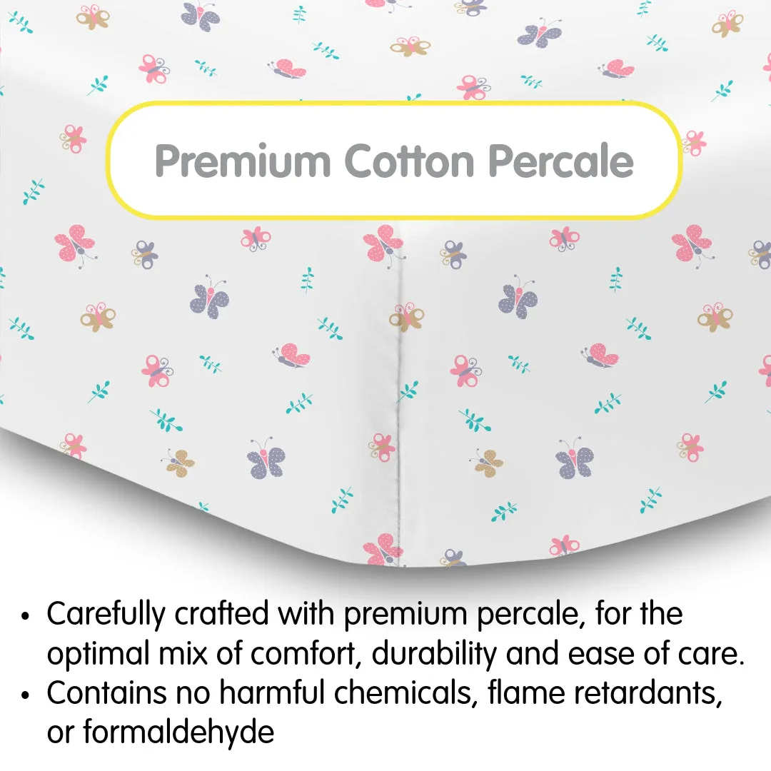 Cotton Percale Fitted Sheet, For 52" x 28"/132 x 71 cm Crib & Toddler Bed Mattress, Butterflies (2-Pack)