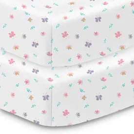 Cotton Percale Fitted Sheet, For 52" x 28"/132 x 71 cm Crib & Toddler Bed Mattress, Butterflies (2-Pack)