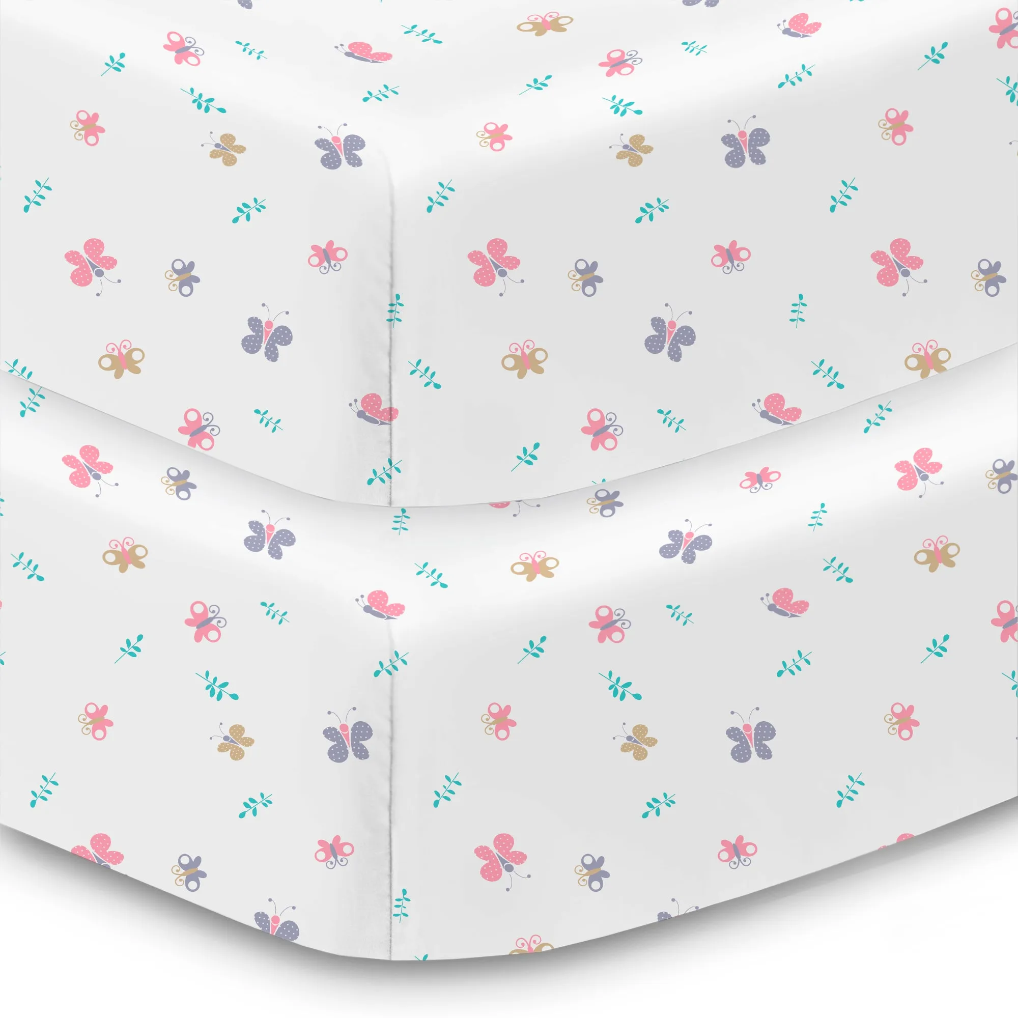 Cotton Percale Fitted Sheet, For 52" x 28"/132 x 71 cm Crib & Toddler Bed Mattress, Butterflies (2-Pack)