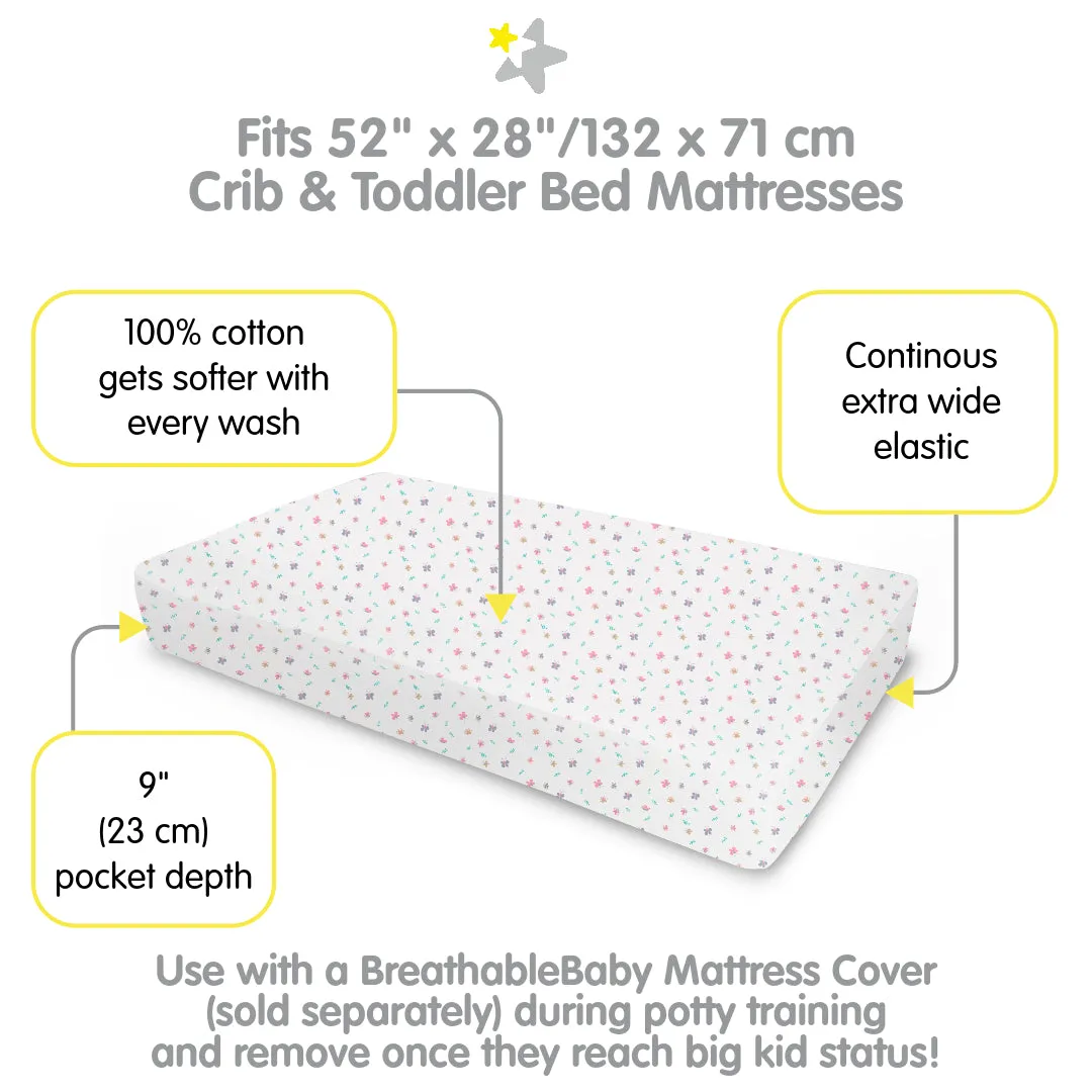 Cotton Percale Fitted Sheet, For 52" x 28"/132 x 71 cm Crib & Toddler Bed Mattress, Butterflies (2-Pack)