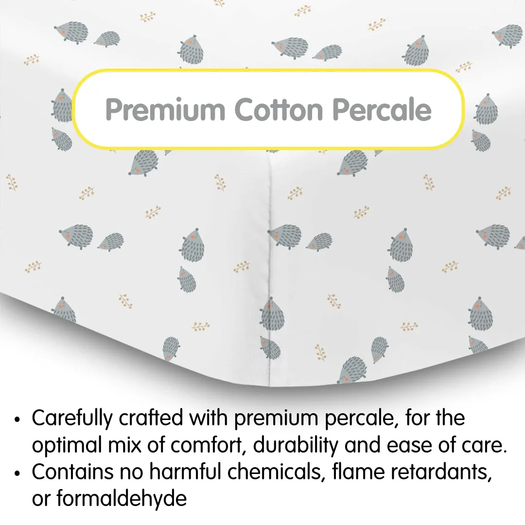 Cotton Percale Fitted Sheet, For 52" x 28"/132 x 71 cm Crib & Toddler Bed Mattress, Hedgehogs (2-Pack)