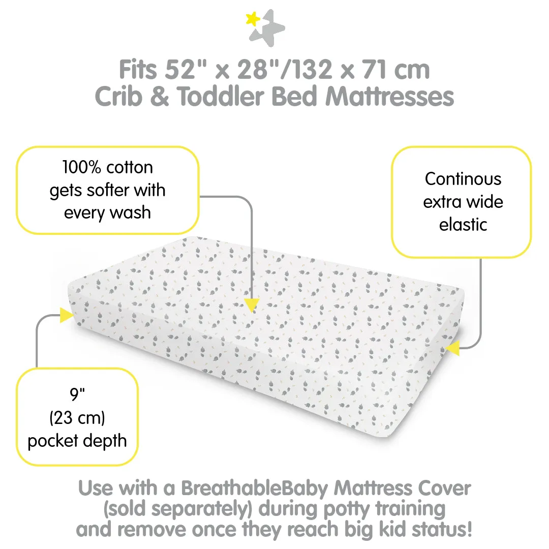 Cotton Percale Fitted Sheet, For 52" x 28"/132 x 71 cm Crib & Toddler Bed Mattress, Hedgehogs (2-Pack)