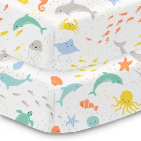 Cotton Percale Fitted Sheet, For 52" x 28"/132 x 71 cm Crib & Toddler Bed Mattress, Sea Life (2-Pack)