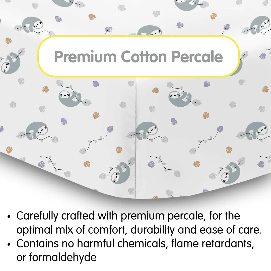 Cotton Percale Fitted Sheet, For 52" x 28"/132 x 71 cm Crib & Toddler Bed Mattress, Sloths (2-Pack)