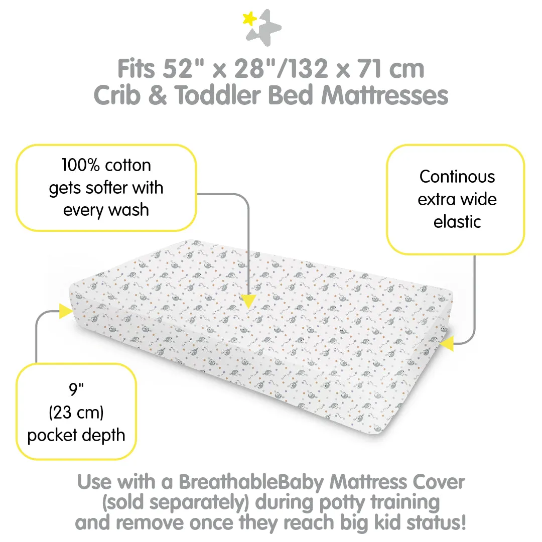 Cotton Percale Fitted Sheet, For 52" x 28"/132 x 71 cm Crib & Toddler Bed Mattress, Sloths (2-Pack)