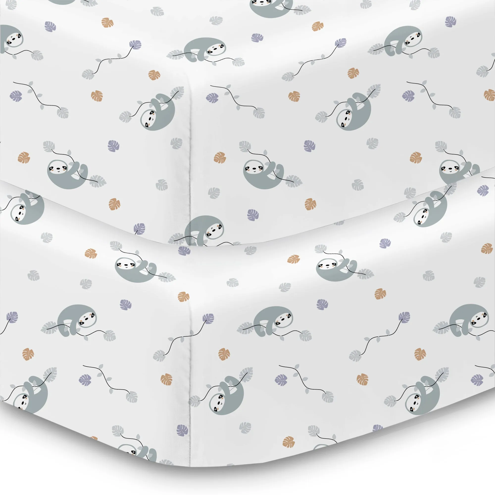 Cotton Percale Fitted Sheet, For 52" x 28"/132 x 71 cm Crib & Toddler Bed Mattress, Sloths (2-Pack)