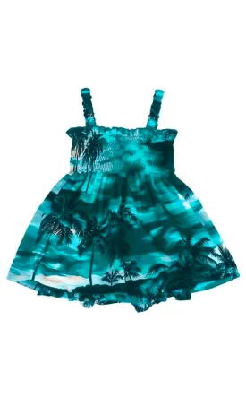 Evening Palms Infant Toddler Tie Strap Smocked Dress in Turquoise