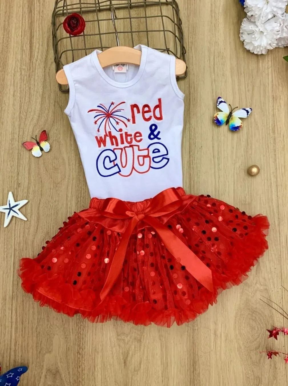 Girls 4th of July Themed Graphic Tank And Bow Sequin Skirt Set