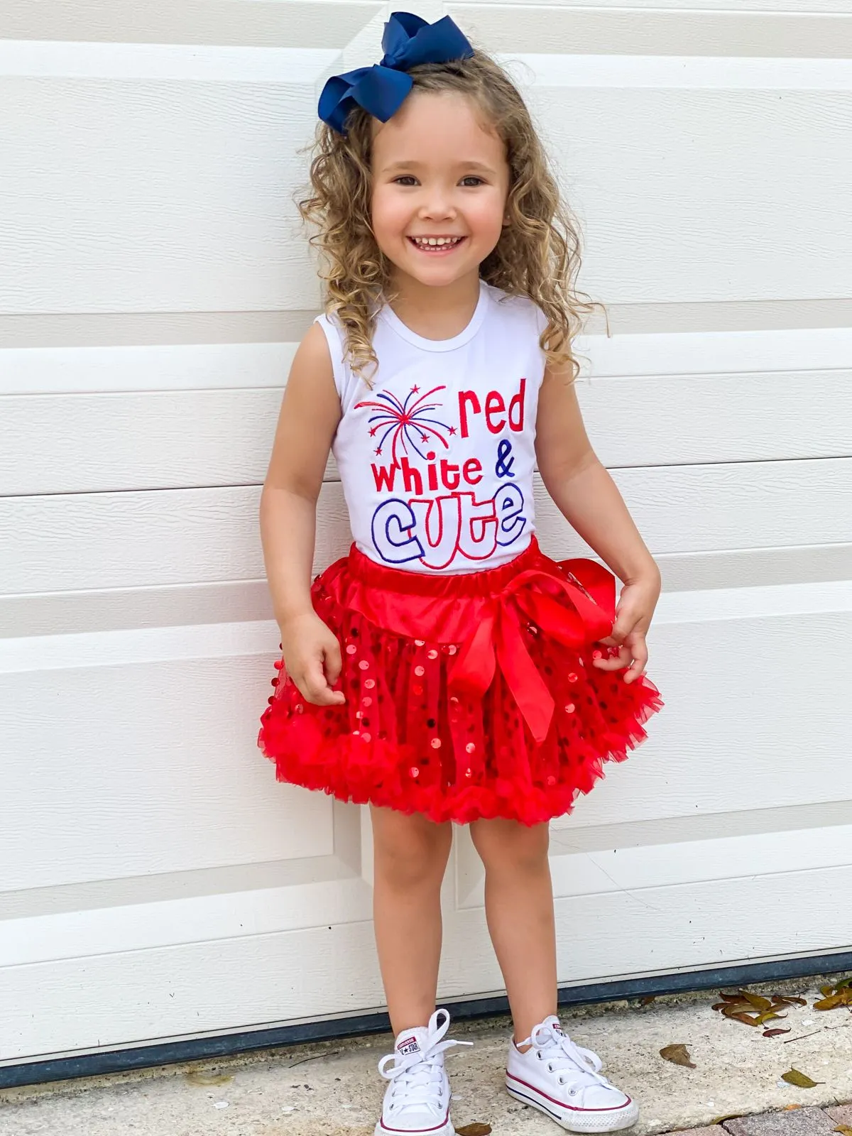 Girls 4th of July Themed Graphic Tank And Bow Sequin Skirt Set