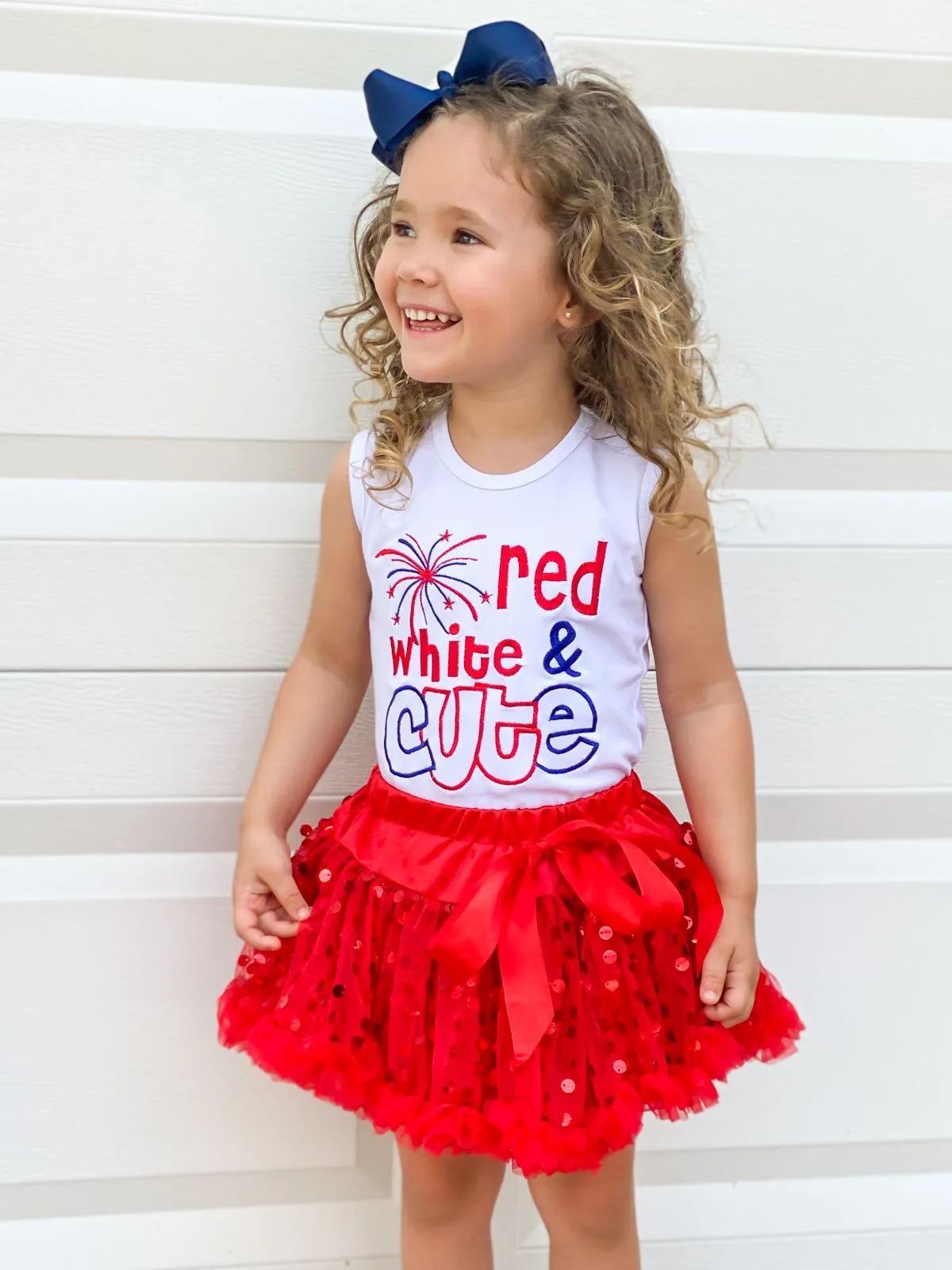 Girls 4th of July Themed Graphic Tank And Bow Sequin Skirt Set