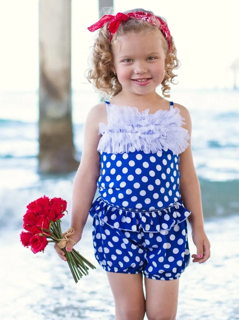 Girls Blue Polka Dot Ruffled Tank And Short Set