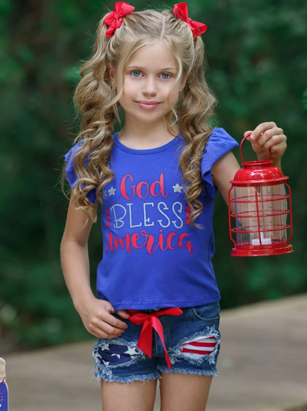 God Bless America Patched Denim Shorts Set