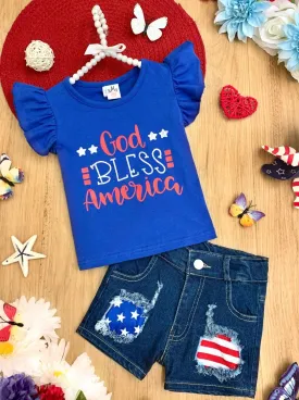 God Bless America Patched Denim Shorts Set