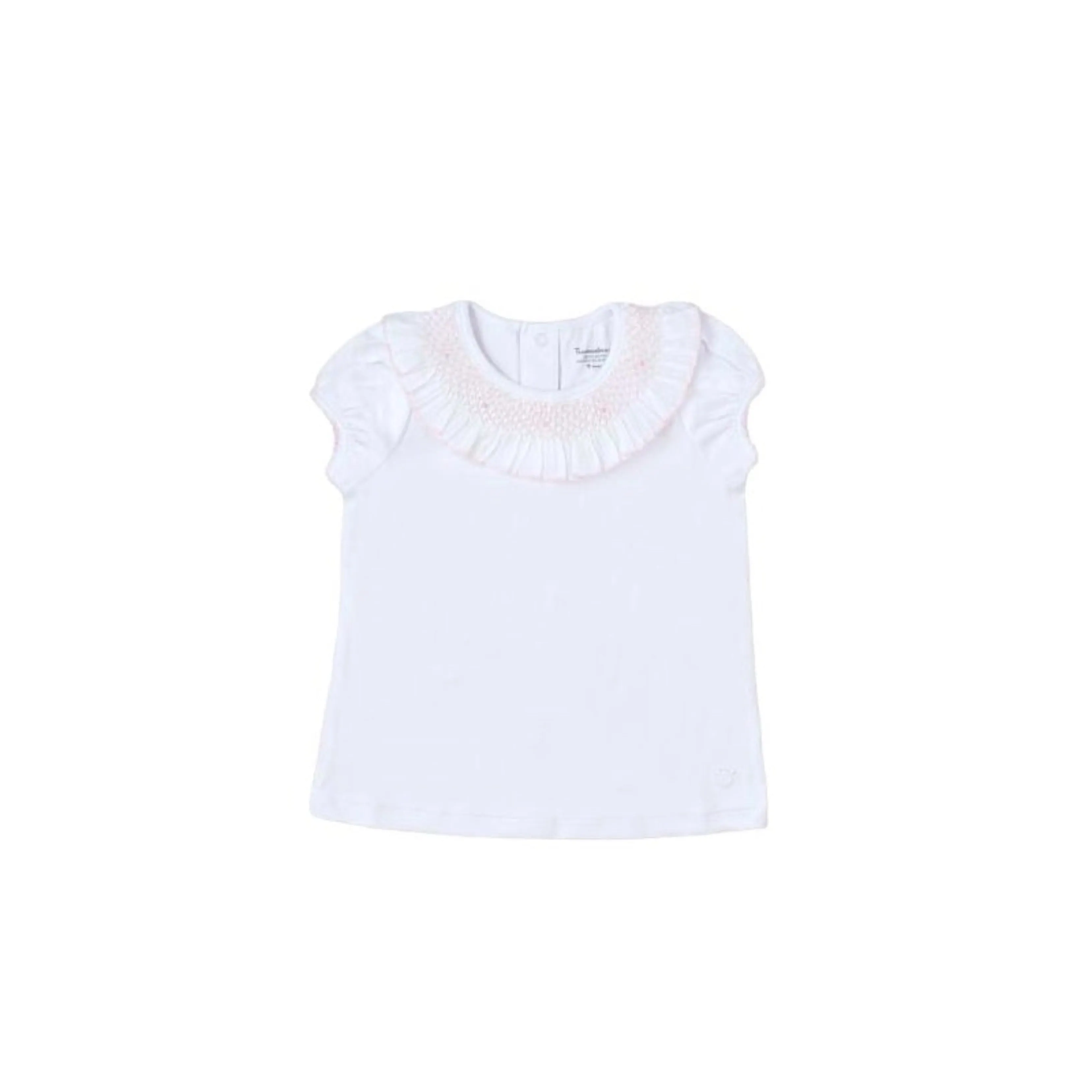 Hand Smocked Girl Top Short Sleeve, White & Pink