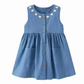 Kids' Embroidered Ruffle Sleeve Denim Dress