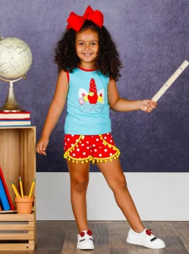 Kindergarten Unicorn Top And Pom Pom Short Set