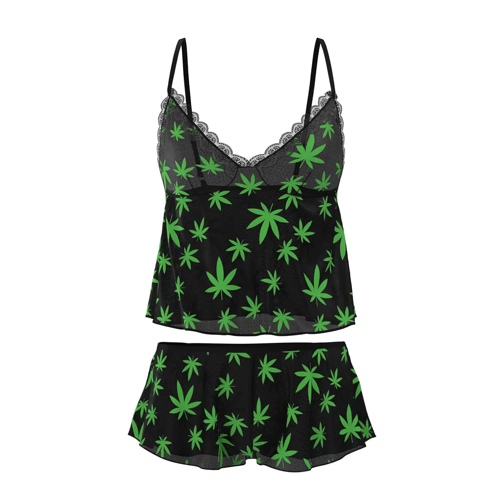 Magic Silk Hazy Dayz Cami & Short Set Pot Leaf S/M