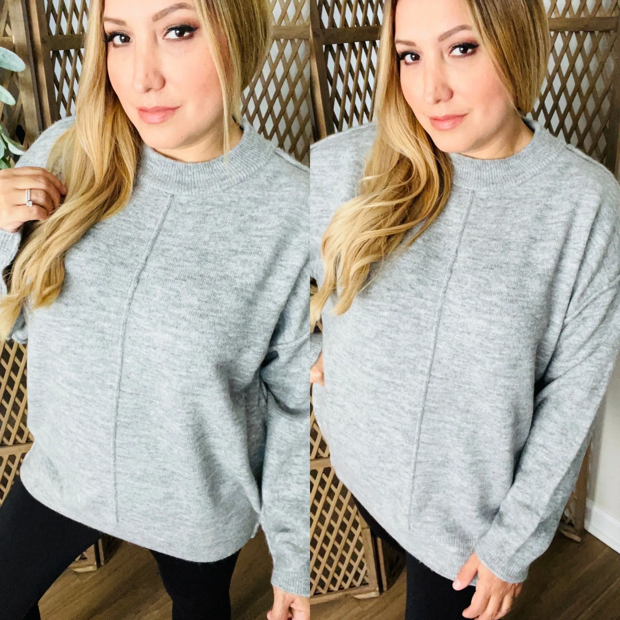 Melange Front Seam Round Neck Sweater: Grey