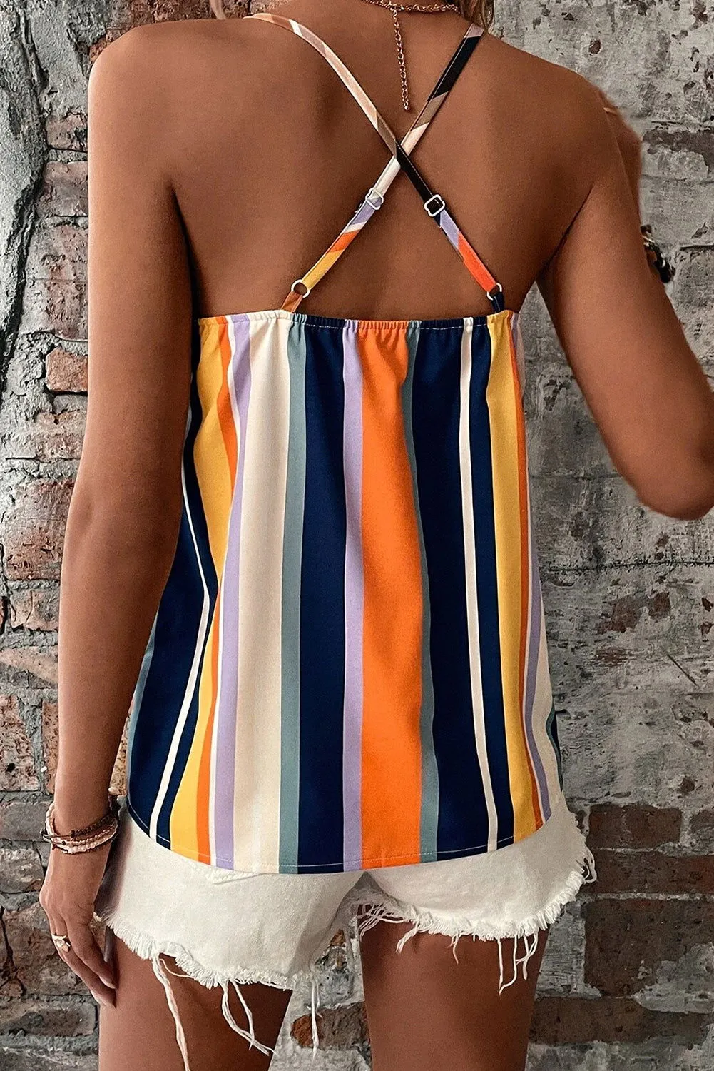 Multicolor Striped Crisscross Strap Cami Top