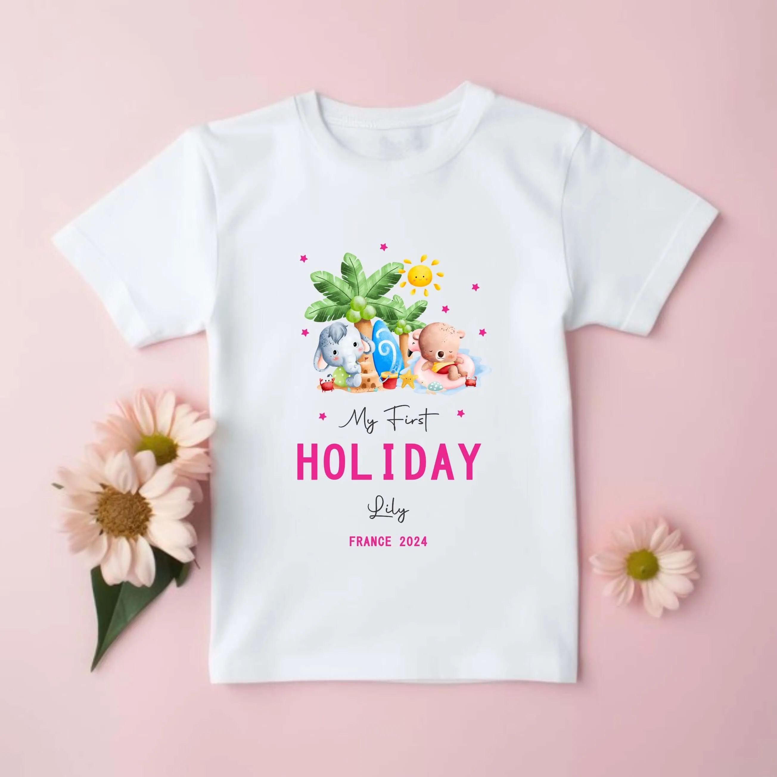 Personalised My First Holiday Kids T-Shirt, 1st Holiday Vest Vacation Kids T-shirt, Baby Grow, Rompersuit