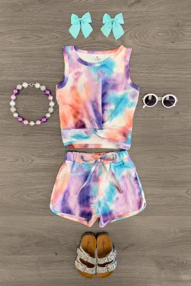 Purple Sunset Tie Dye Knotted Tank Top Short Set