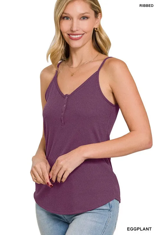 Ribbed Half Snap Button Closure Cami Top