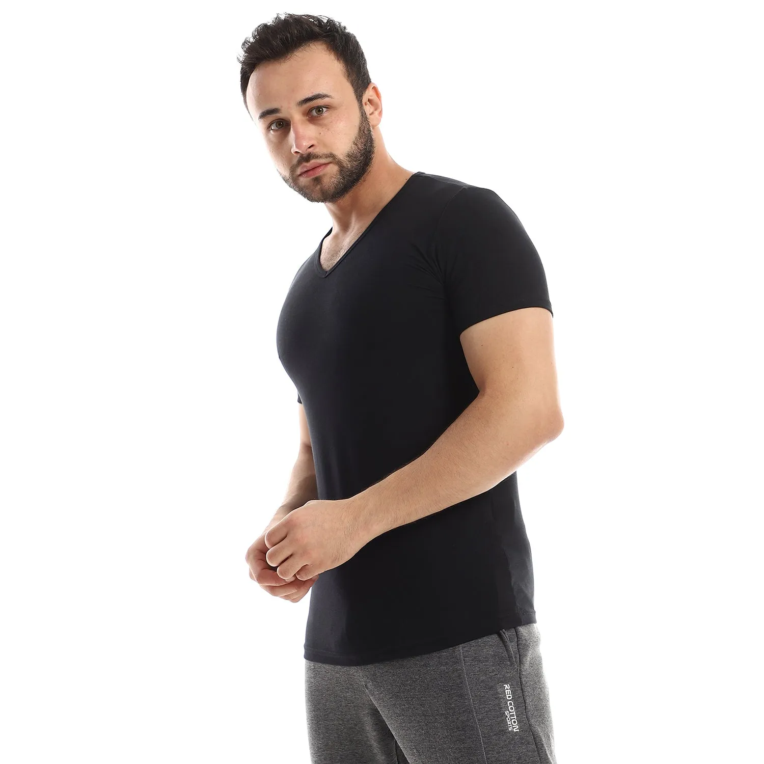 Short Sleeve Undershirt For Men - V Neck - Black