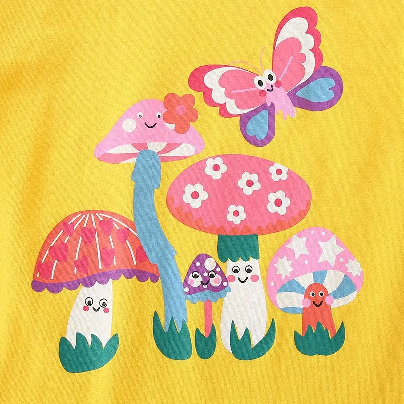 Toddler/Kid Girl's Cartoon Mushroom with Butterfly Print Yellow Top