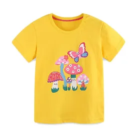 Toddler/Kid Girl's Cartoon Mushroom with Butterfly Print Yellow Top