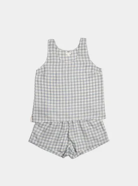 Warm Blue Gingham Linen Cami Short Set