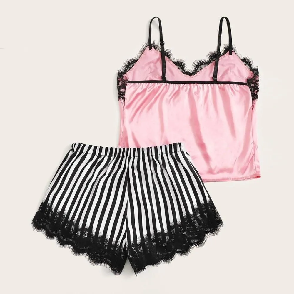 Women's Floral Lace Camisole and Striped Shorts Set